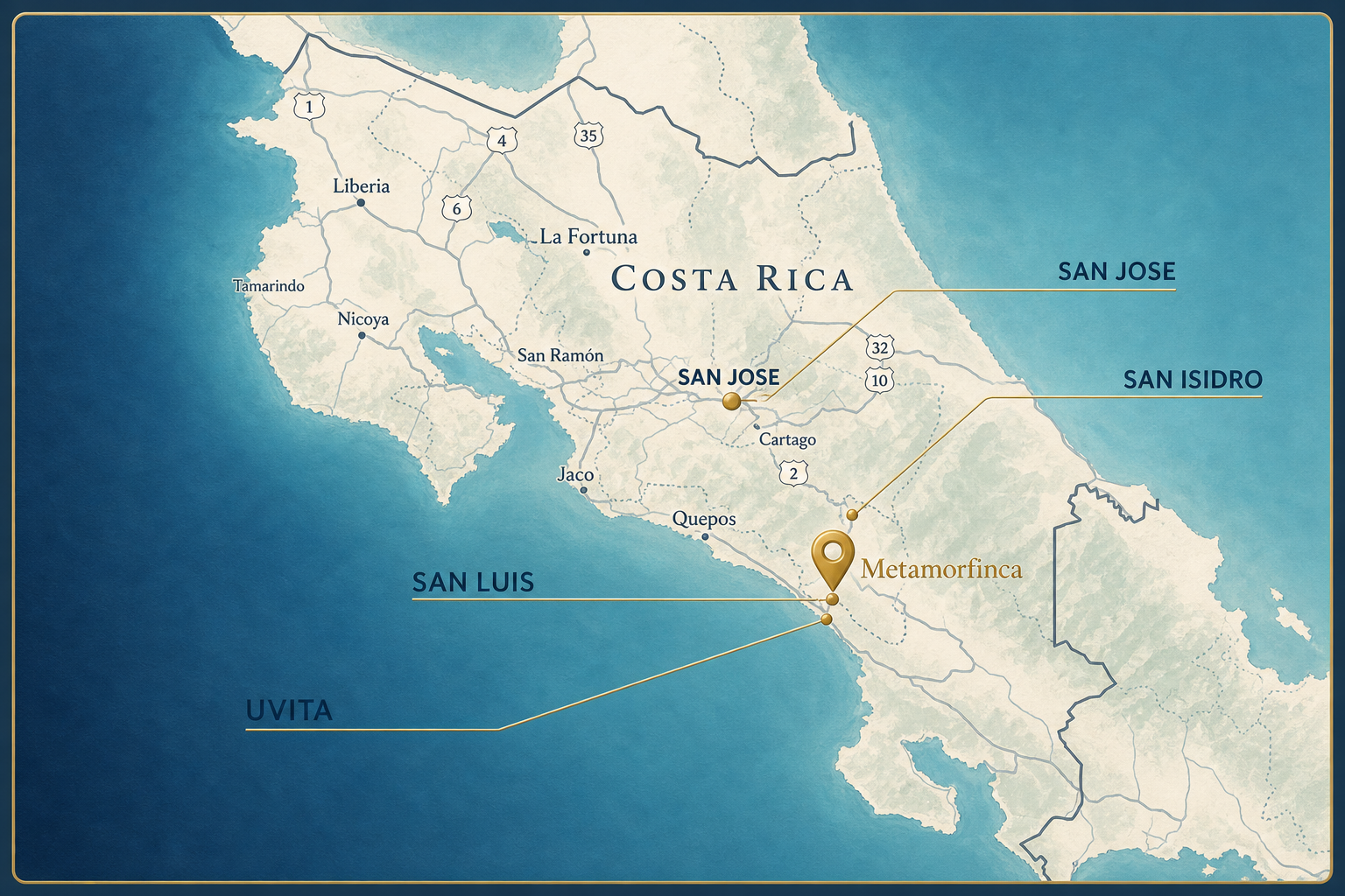 Map of Costa Rica showing Metamorfinca near San Luis, Uvita, San Isidro and San José